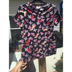 White cross small s black scrubs top womens medical nurse tattoo heart butterfly